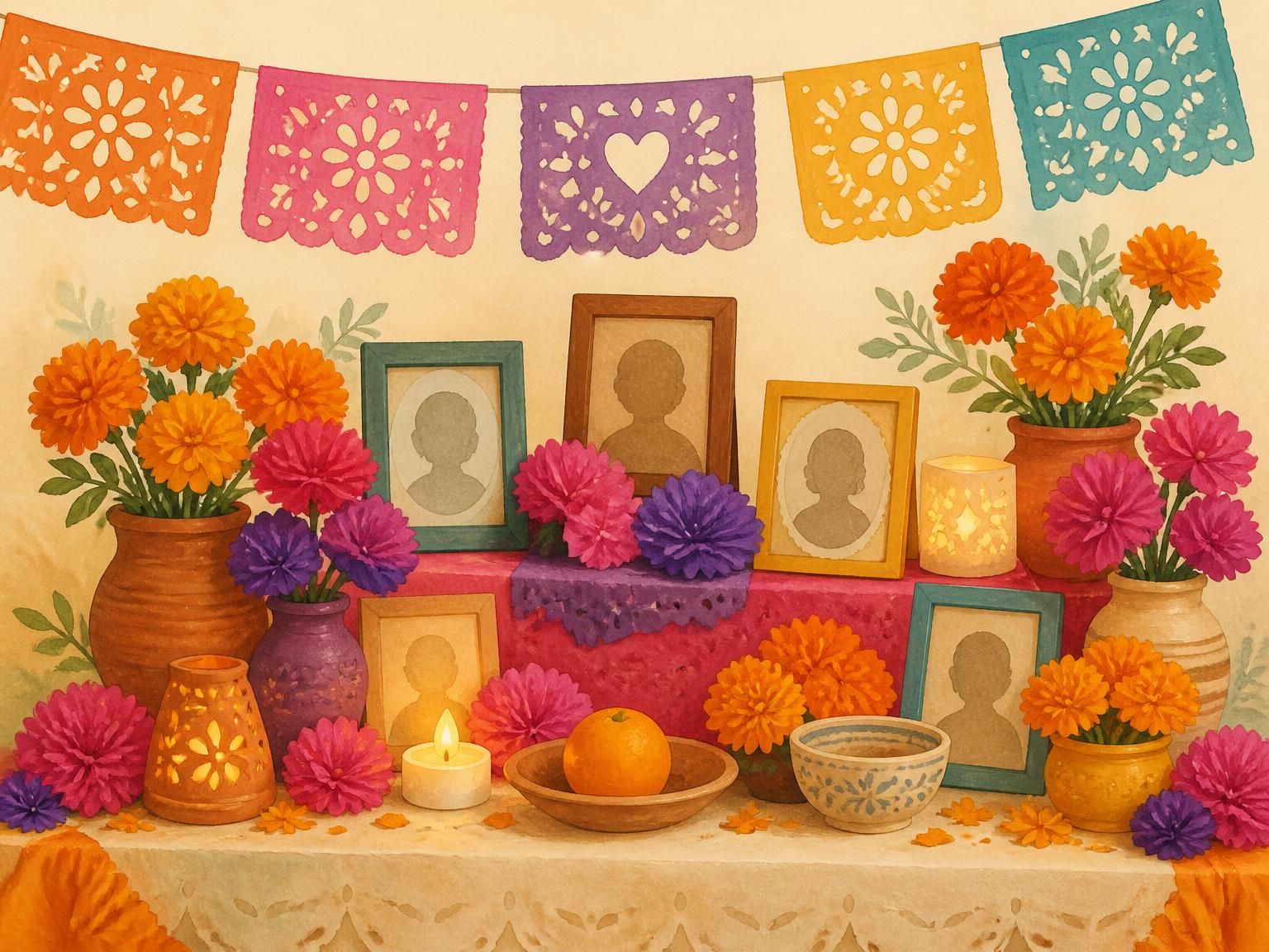 Akvarell: en färgglad minnesplats med orange ringblommor, rosa och lila pappersblommor, papel picado-flaggor och ett litet ljus.
