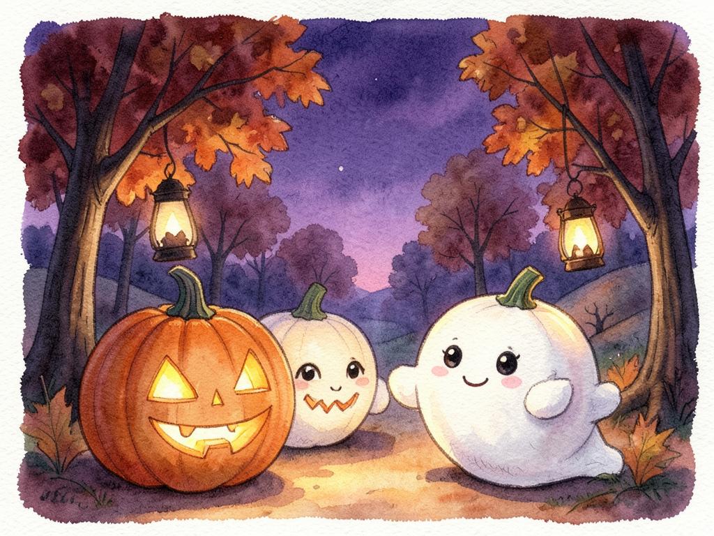 Akvarell: mysig halloweenkväll med pumpor, vänliga spöken och lyktor.