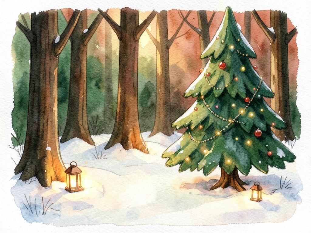 Akvarell: snöig granskog med lyktor och en pyntad gran.