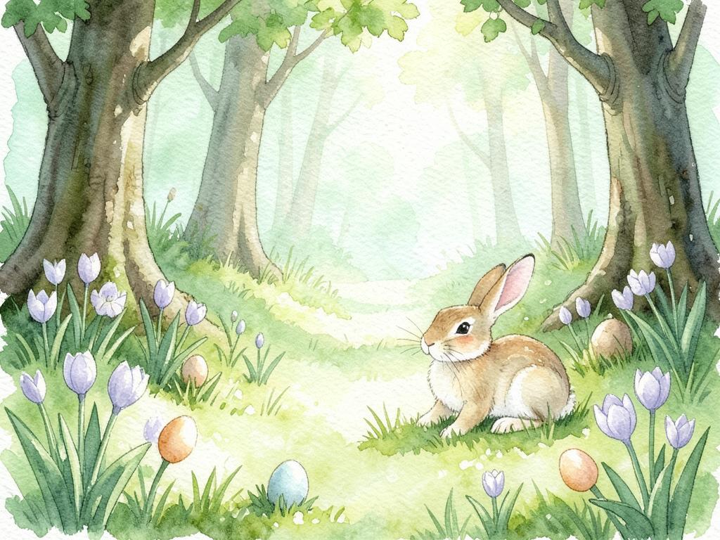 Akvarell: vårgrön glänta med hare, krokus och målade ägg.