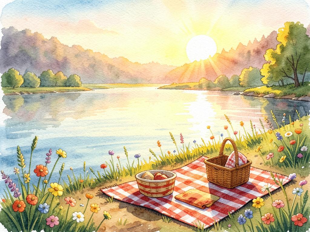 Akvarell: kvällssol över en sjö med picknickfilt och blommor.